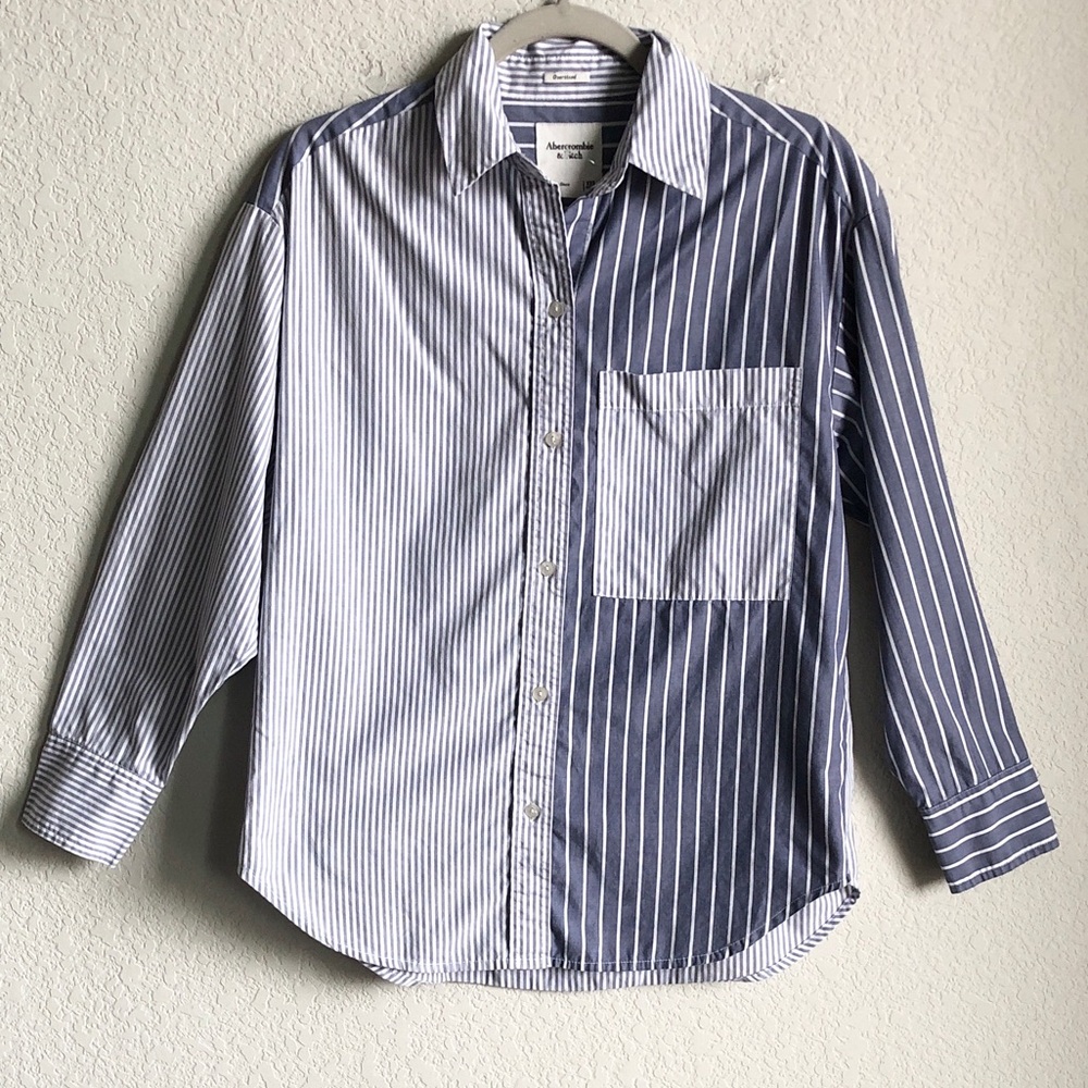 New Abercrombie and Fitch Womens Oversized Poplin Colorblock Shirt Stripe - Picture 2 of 15